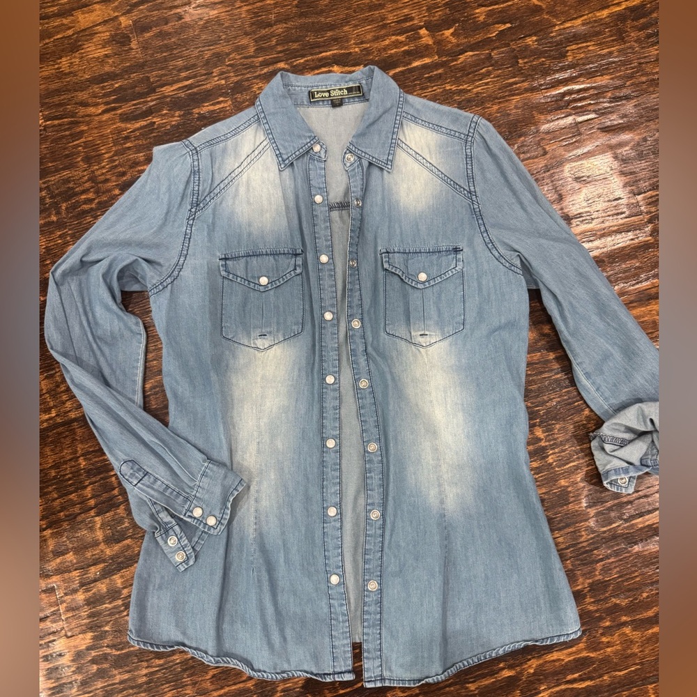 Denim Button Up Blouse | Love Stitch | Size Small